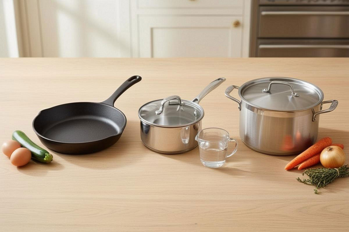 poêle, casserole et faitout de tailles différentes alignés sur un plan de travail, avec leurs couvercles et des ingrédients adaptés à chaque cuisson.