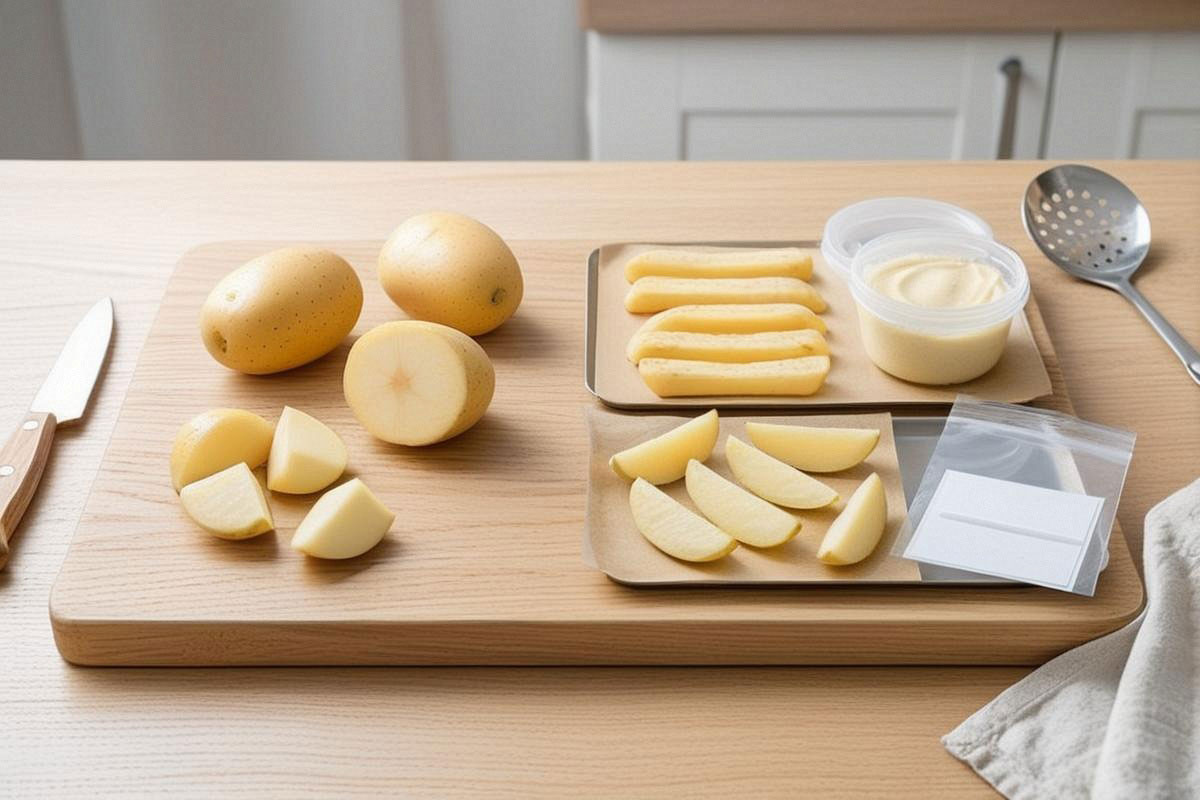 pommes de terre crues entières et coupées présentées à côté de portions adaptées à la congélation, comme des frites précuites, des quartiers blanchis et une purée