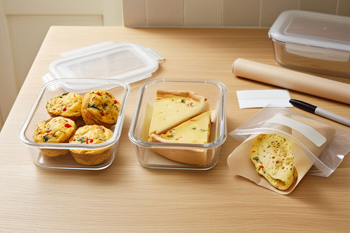 portions individuelles de quiche, muffins aux œufs et omelette cuite emballées séparément dans des contenants adaptés au congélateur