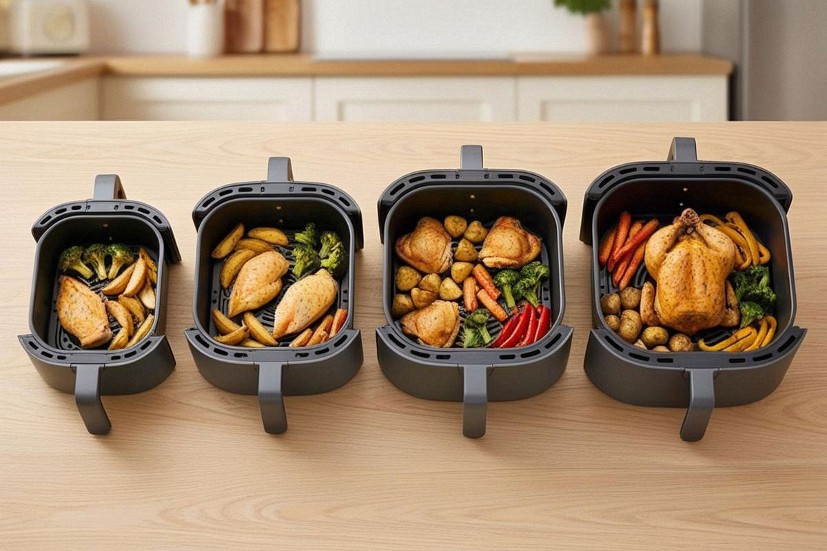 quatre paniers d’Air Fryer de capacités croissantes, contenant une portion individuelle, deux portions, un repas familial et un grand poulet accompagné de légumes
