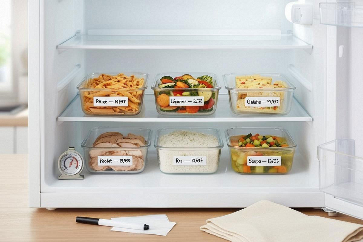 réfrigérateur propre contenant plusieurs boîtes transparentes peu profondes, chacune munie d’une étiquette simple avec le nom du plat et sa date de préparation