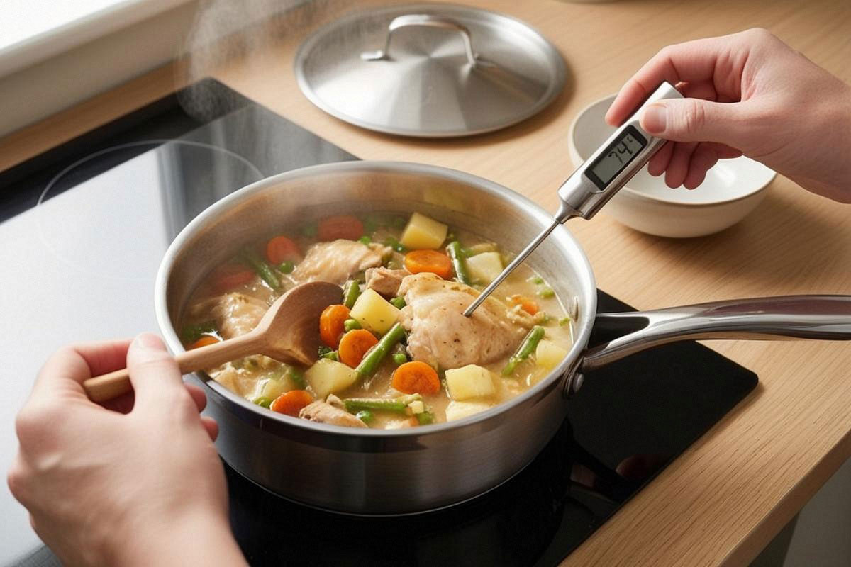 reste de plat mijoté réchauffé dans une casserole, avec un thermomètre de cuisine vérifiant la température au centre et une légère vapeur visible.