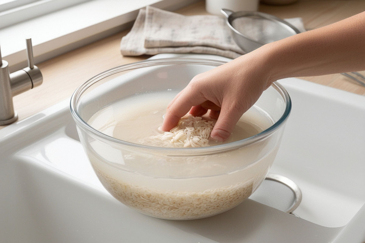 riz basmati rincé dans un saladier en verre rempli d’eau légèrement trouble, avec une main remuant doucement les grains au-dessus d’un évier propre.