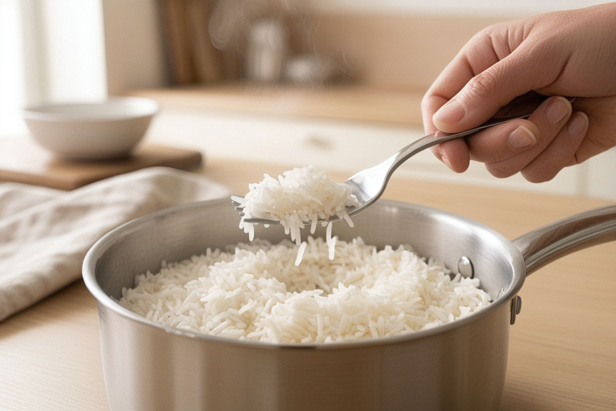 riz fraîchement cuit aéré délicatement avec une fourchette, montrant des grains longs, souples et parfaitement séparés.