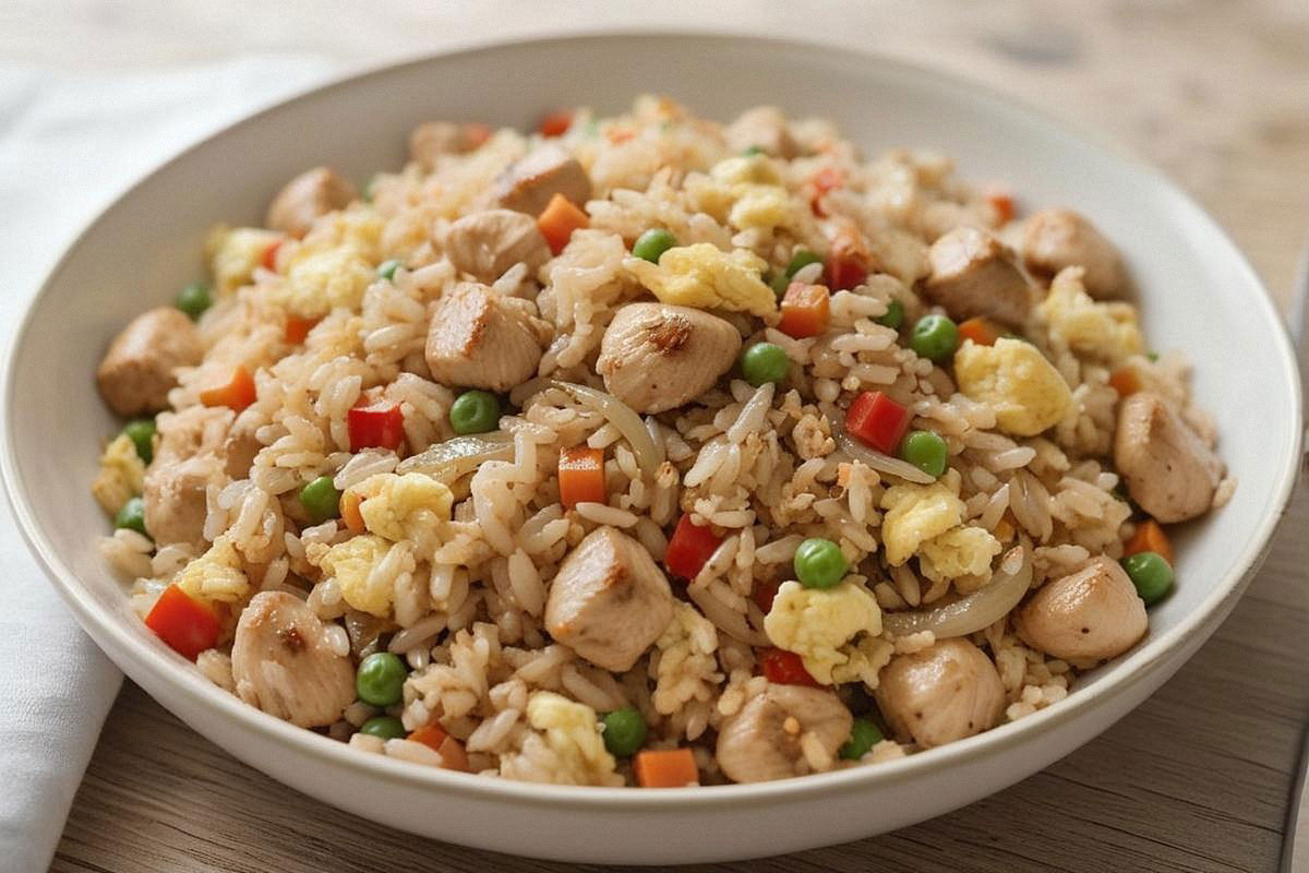 Riz sauté au poulet et légumes