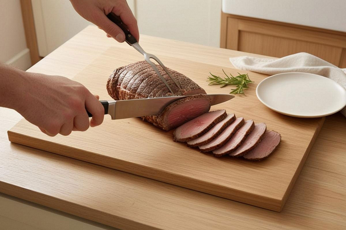 rôti cuit découpé en tranches régulières avec un long couteau tranchelard, accompagné d’une fourchette à découper