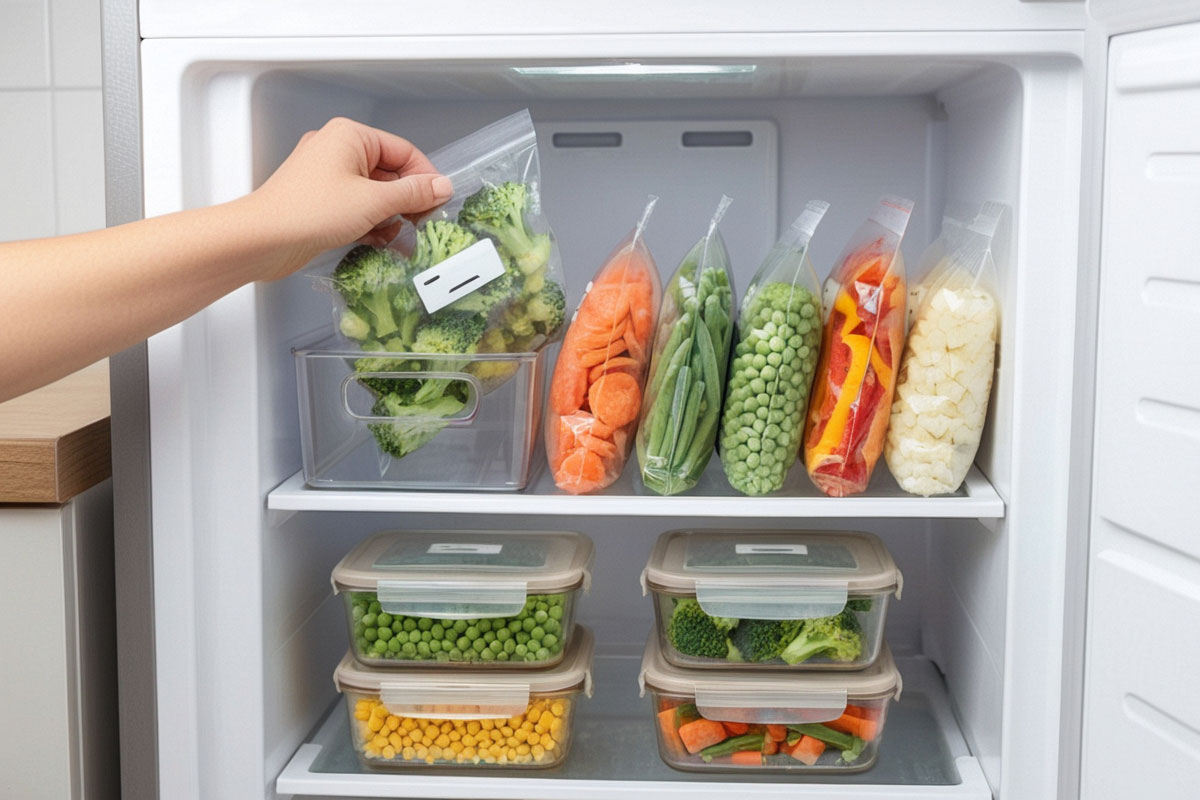 sachets plats et boîtes hermétiques remplis de différents légumes congelés, soigneusement fermés, datés et rangés verticalement dans un congélateur organisé