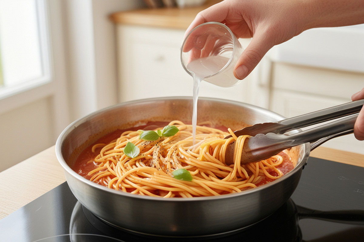 spaghetti brillants mélangés directement dans une poêle de sauce tomate, avec une petite quantité d’eau de cuisson versée pour lier la préparation.