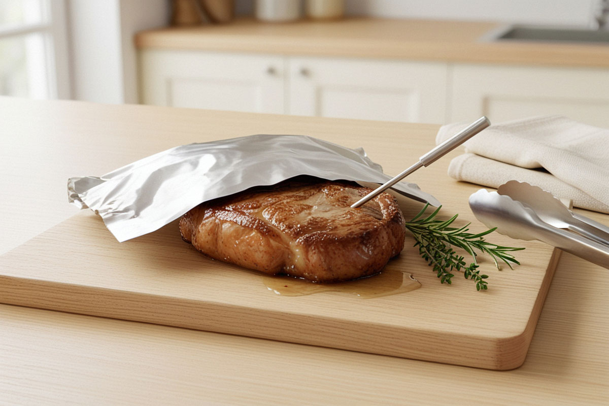 steak bien coloré reposant sur une planche en bois, légèrement couvert de papier aluminium, avec son jus conservé à l’intérieur.