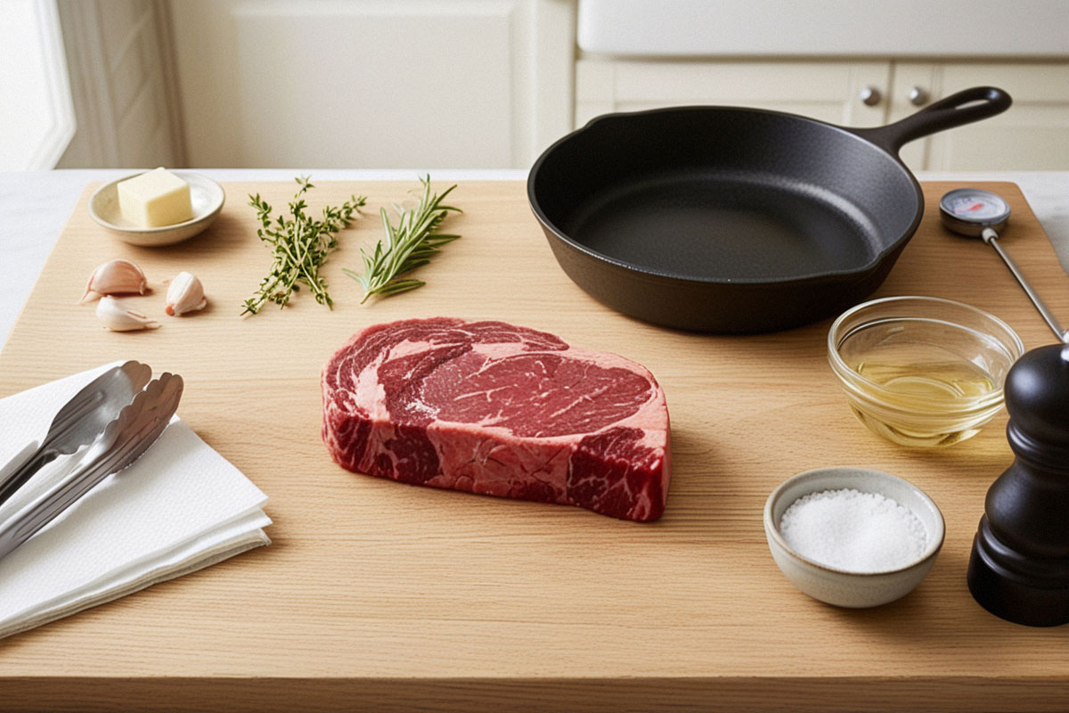 steak de bœuf épais cru sur une planche en bois, accompagné de sel, de poivre, d’ail, de thym, de beurre et d’une poêle en fonte