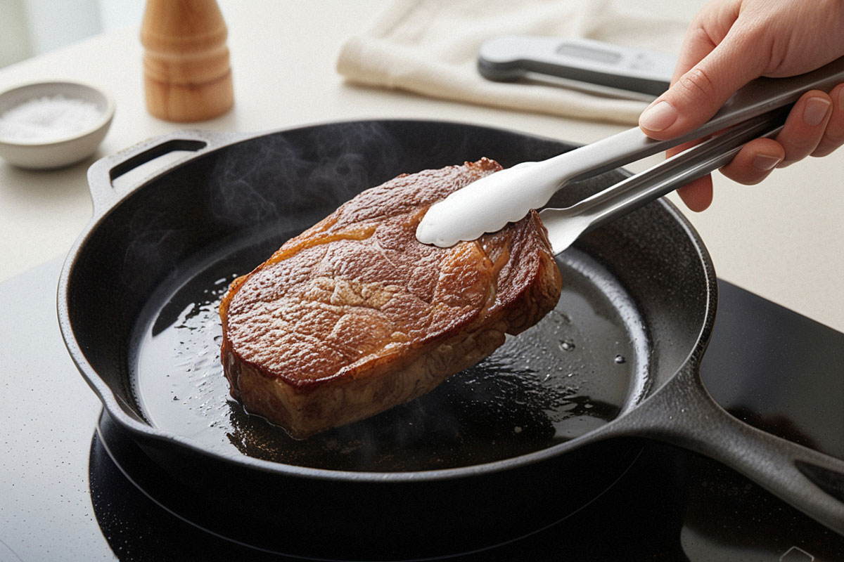 steak épais développant une croûte dorée dans une poêle en fonte très chaude, retourné délicatement avec une pince métallique