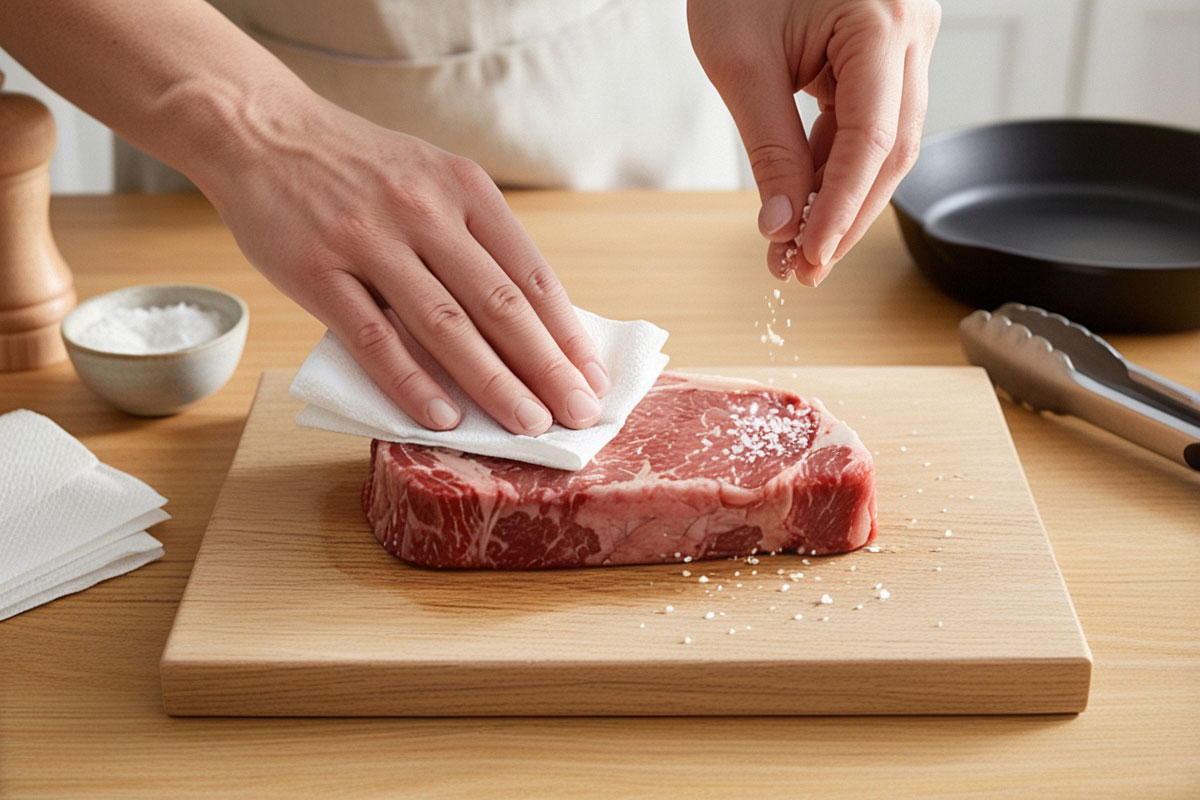 steak épais soigneusement séché avec du papier absorbant, puis assaisonné uniformément de sel sur une planche propre