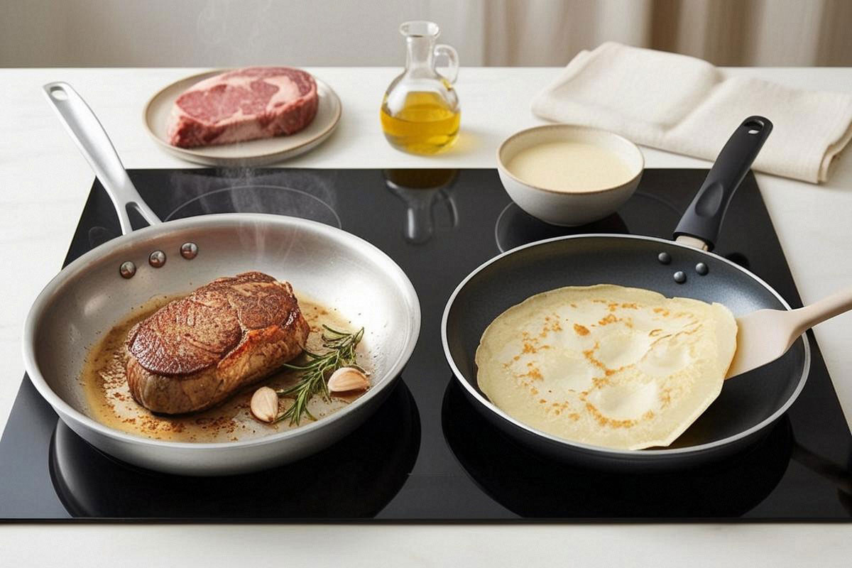 steak fortement doré dans une poêle en inox à gauche et crêpe fine dans une poêle antiadhésive à droite