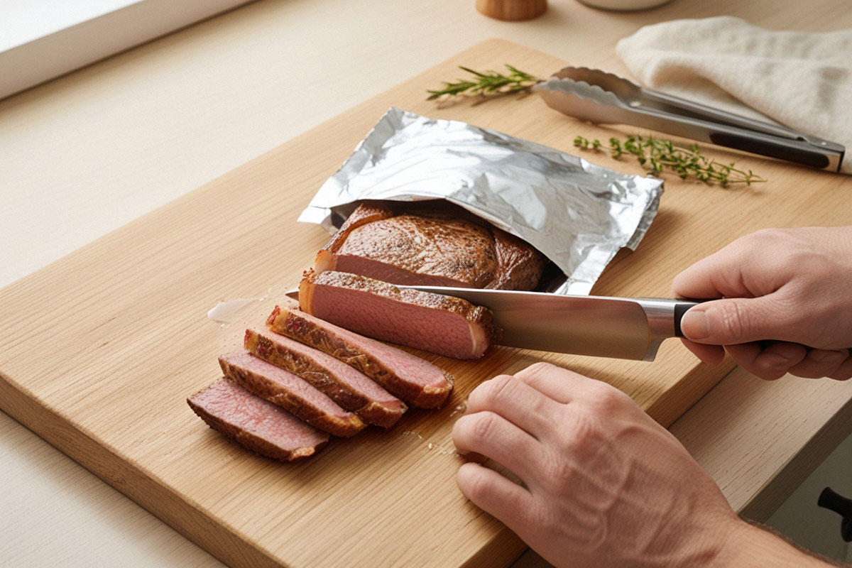 steak reposé puis découpé en tranches régulières perpendiculairement aux fibres, révélant un intérieur uniformément rosé et juteux