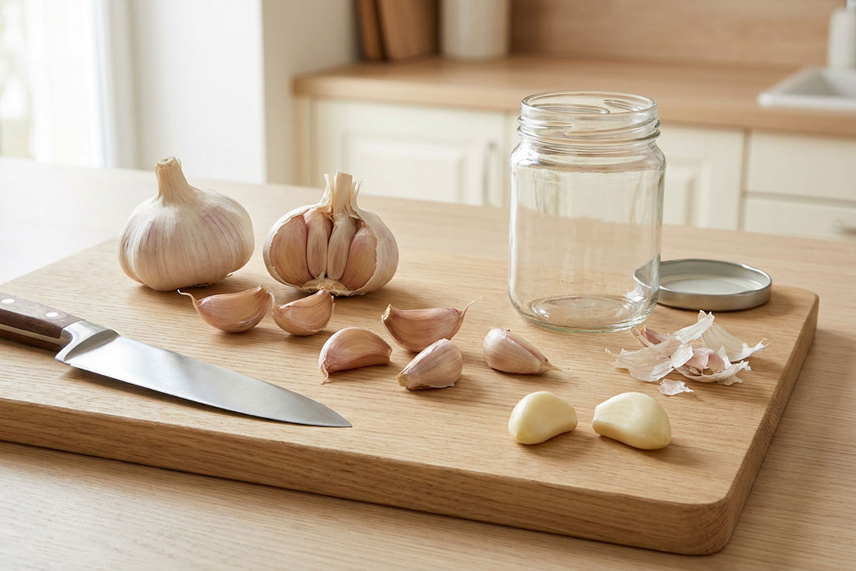 tête d’ail ouverte, plusieurs gousses non épluchées, couteau de cuisine et petit bocal en verre disposés sur une planche en bois clair.