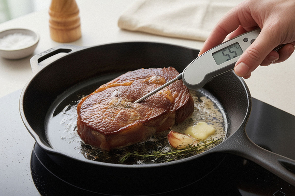 thermomètre de cuisine inséré horizontalement au centre d’un steak épais encore dans la poêle, avec une croûte bien dorée visible