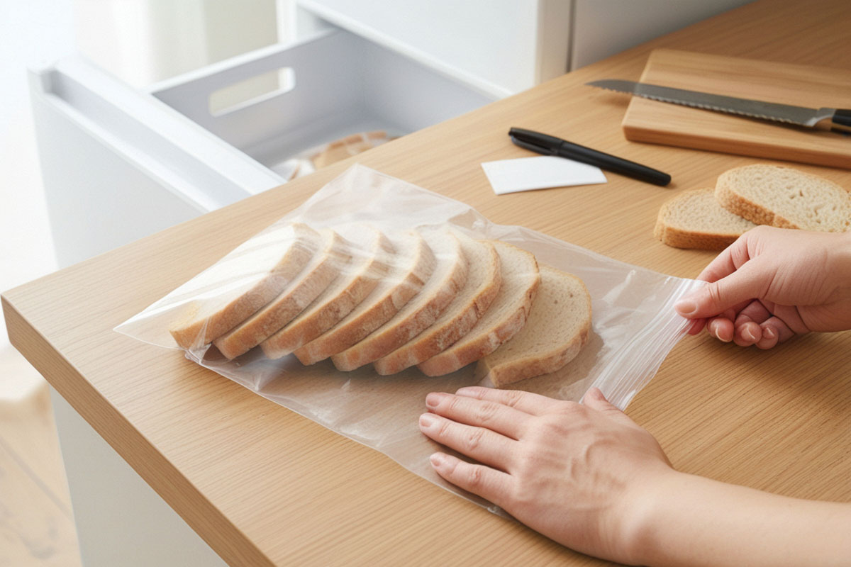tranches de pain de campagne séparées et rangées à plat dans un sachet de congélation hermétique, avec très peu d’air à l’intérieur.