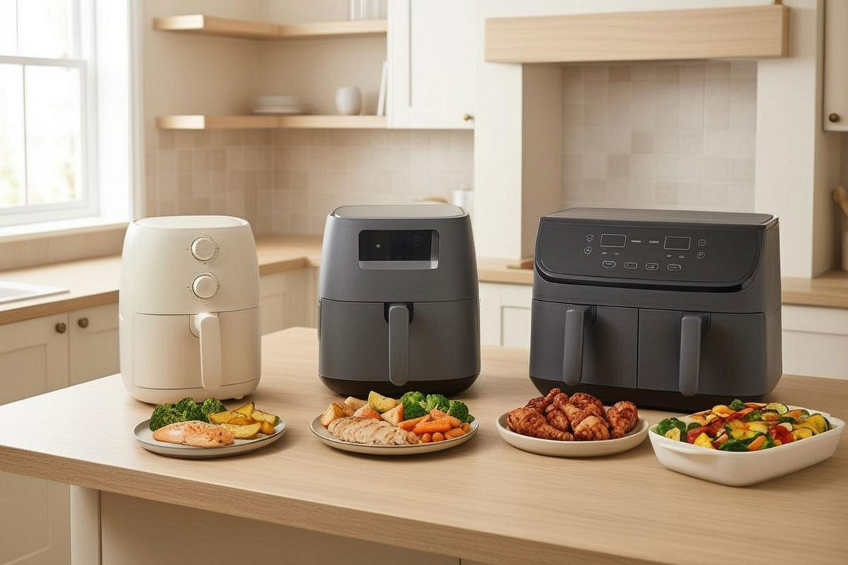 trois Air Fryers adaptés à trois profils différents : petit modèle compact pour une personne, panier unique familial et grand double panier.