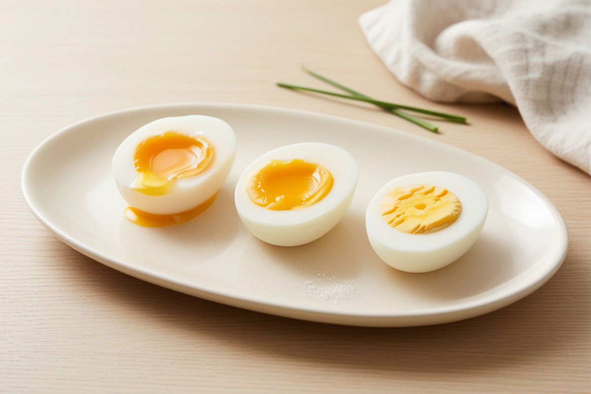 trois œufs coupés en deux montrant clairement les différences entre un œuf à la coque, un œuf mollet et un œuf dur, alignés sur une assiette claire.