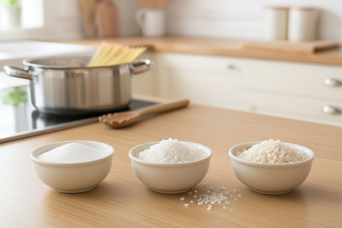 trois petits bols contenant du sel fin, du gros sel et du sel marin, placés devant une casserole de pâtes dans une cuisine lumineuse.