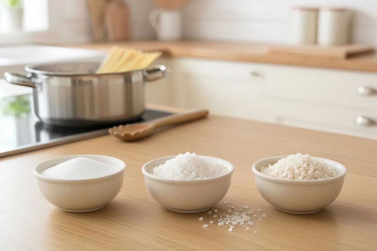 trois petits bols contenant du sel fin, du gros sel et du sel marin, placés devant une casserole de pâtes dans une cuisine lumineuse.