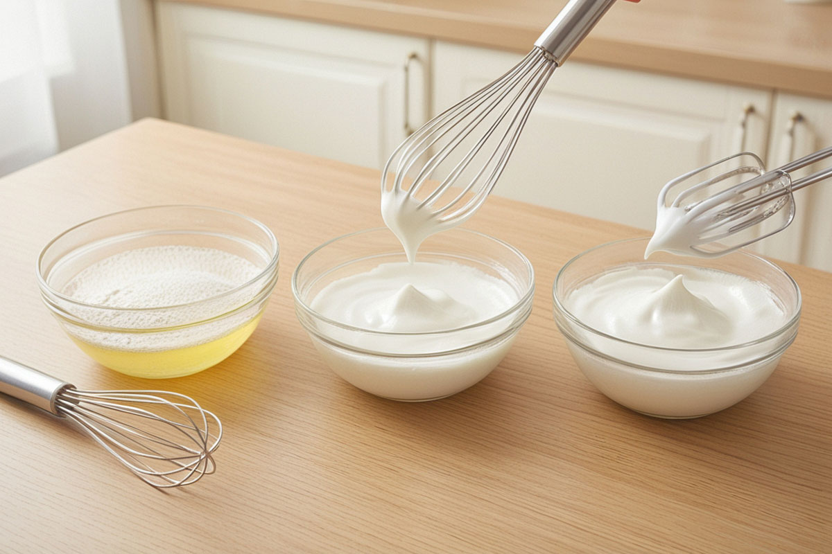 trois petits bols montrant l’évolution des blancs d’œufs, depuis une mousse à grosses bulles jusqu’aux pointes souples puis aux pointes fermes et brillantes