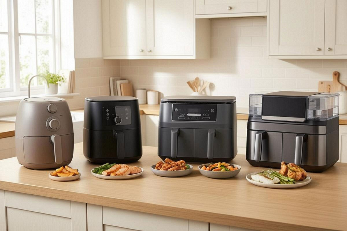 uatre Air Fryers représentant les principales gammes de prix, du petit modèle manuel compact au grand appareil premium à double panier.