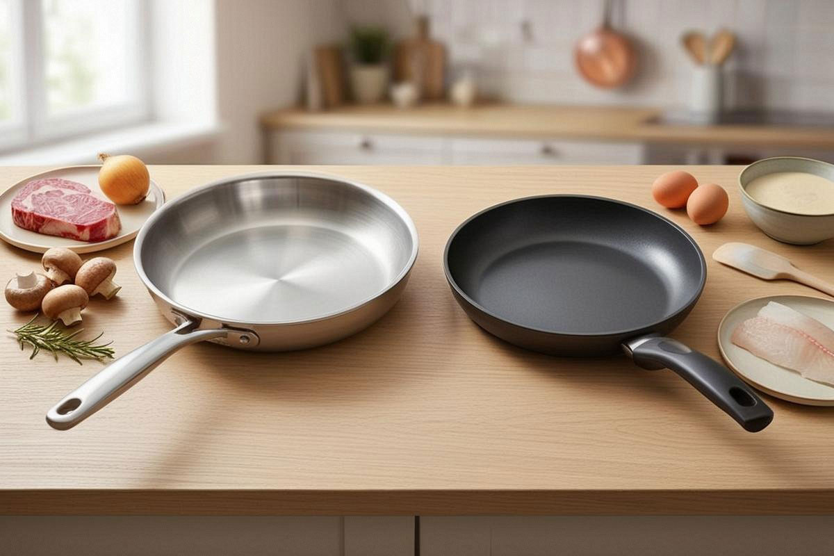 une poêle en inox et une poêle antiadhésive placées côte à côte sur un plan de travail clair, accompagnées des aliments qui leur conviennent le mieux