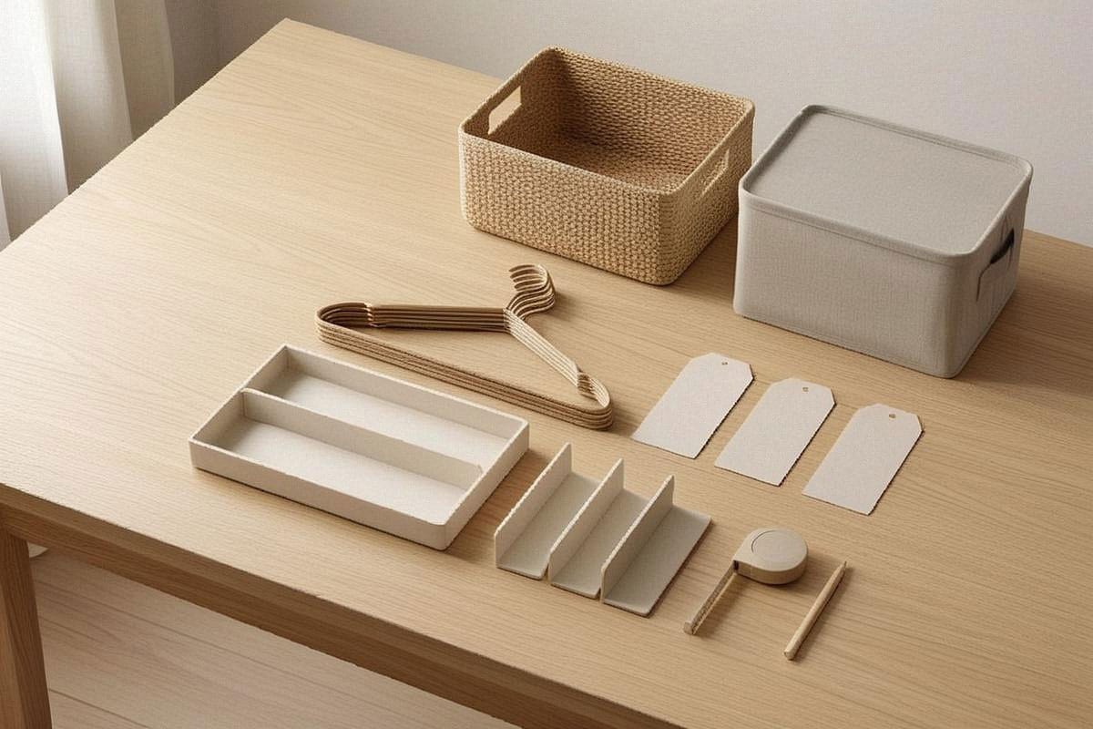 Accessoires de dressing disposés proprement sur une table, avec paniers, cintres identiques, séparateurs de tiroirs, étiquettes et mètre ruban, dans des tons naturels et sobres
