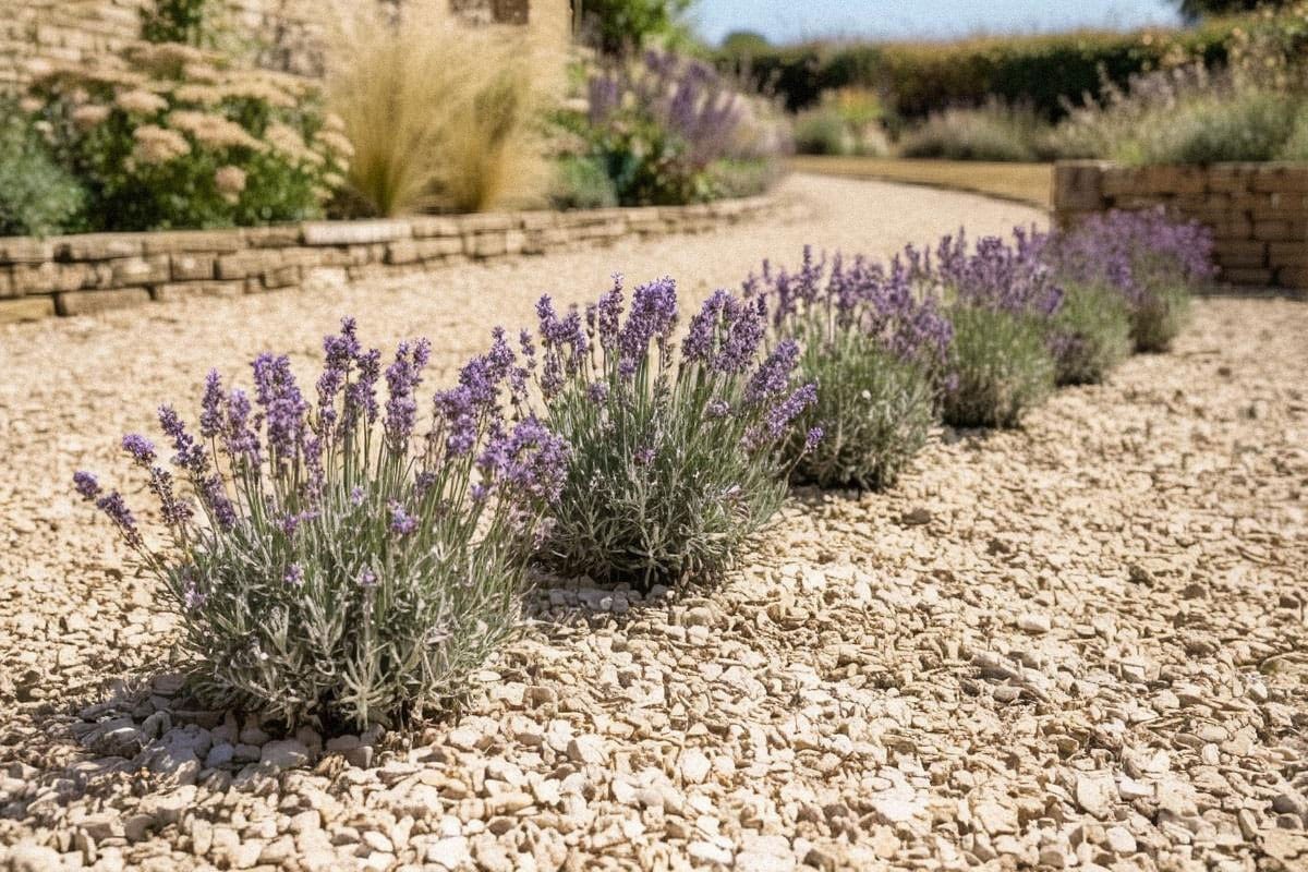 Alignement de lavandes compactes espacées régulièrement dans une bordure de gravier clair, avec soleil direct, feuillage gris dense et aucune zone humide autour des pieds