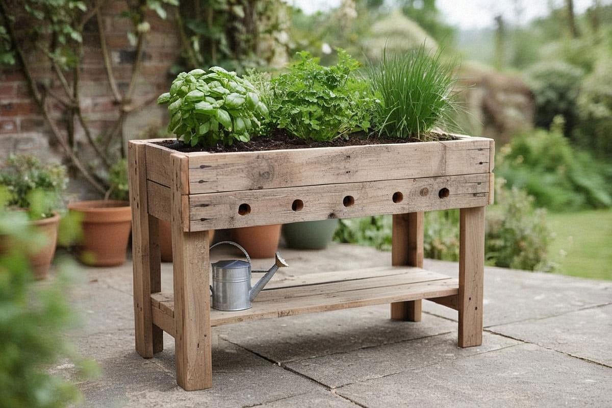 Bac à aromatiques sur pieds construit en planches de palettes, rempli de basilic, persil et ciboulette, installé sur une terrasse avec arrosoir posé sur la tablette inférieure