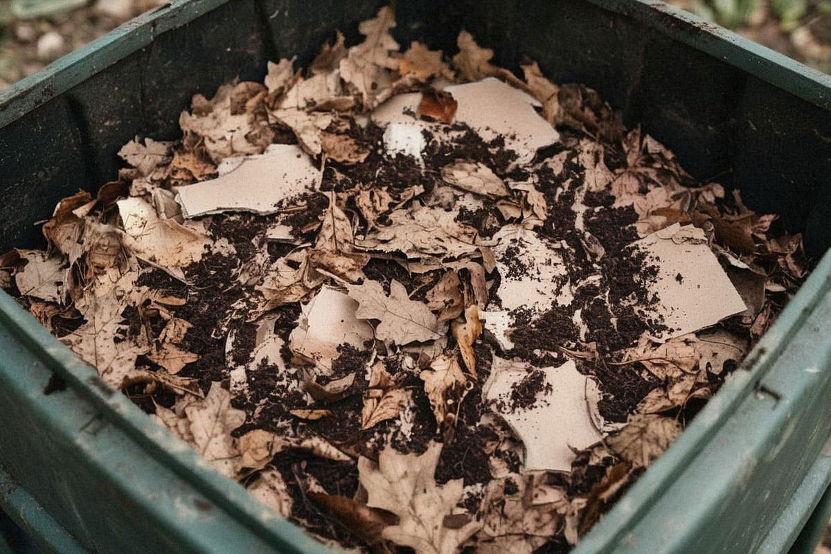 Bac de compost montrant clairement un mélange de marc brun foncé, feuilles mortes et morceaux de carton non imprimé, sans couche compacte visible à la surface