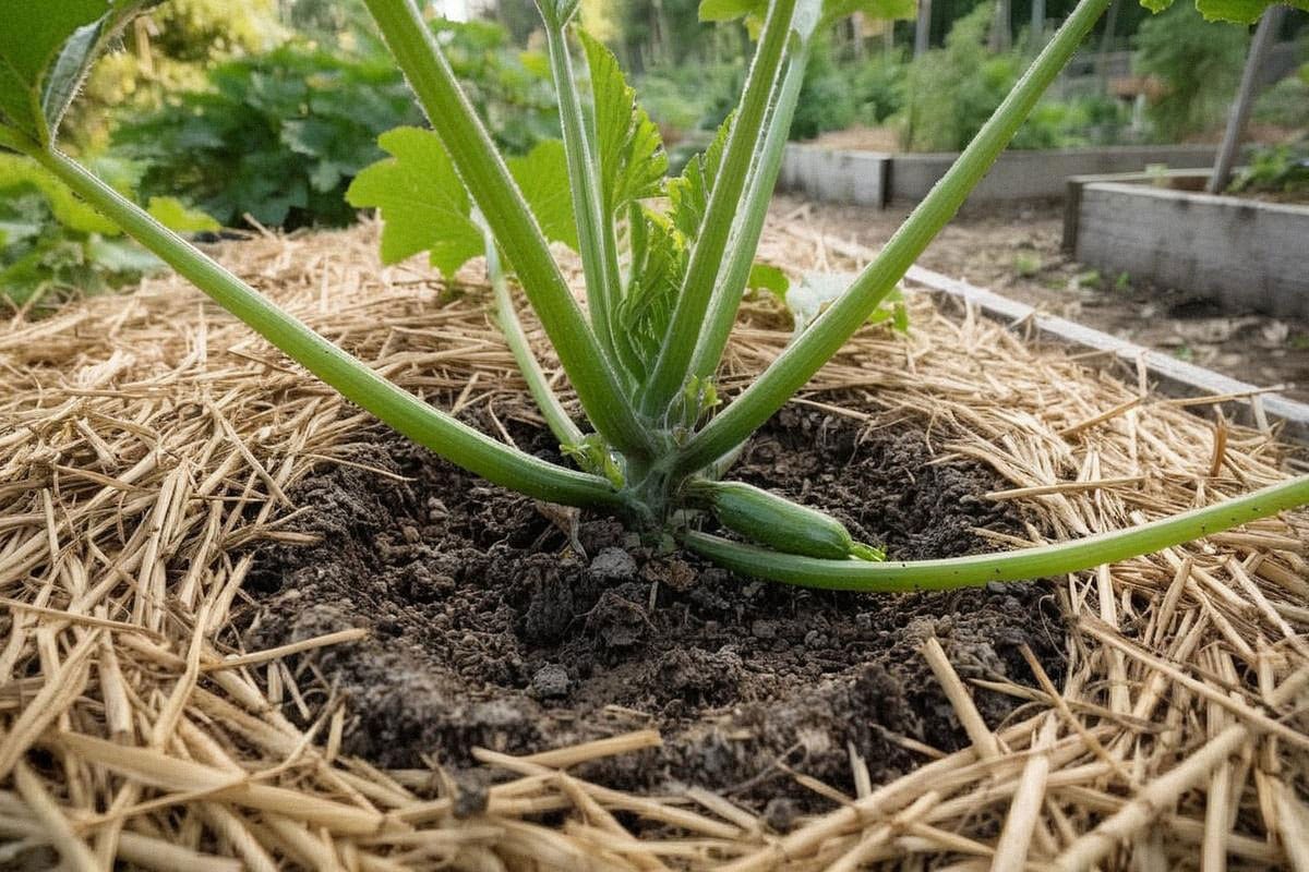 Base d’un plant de courgette entourée d’un paillage de paille de plusieurs centimètres, avec petit cercle de terre laissé libre autour du collet pour conserver une bonne aération