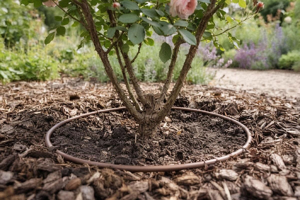 Base d’un rosier adulte entourée de cinq à sept centimètres de paillage végétal, avec petit cercle dégagé autour des tiges et système goutte-à-goutte discret posé au sol