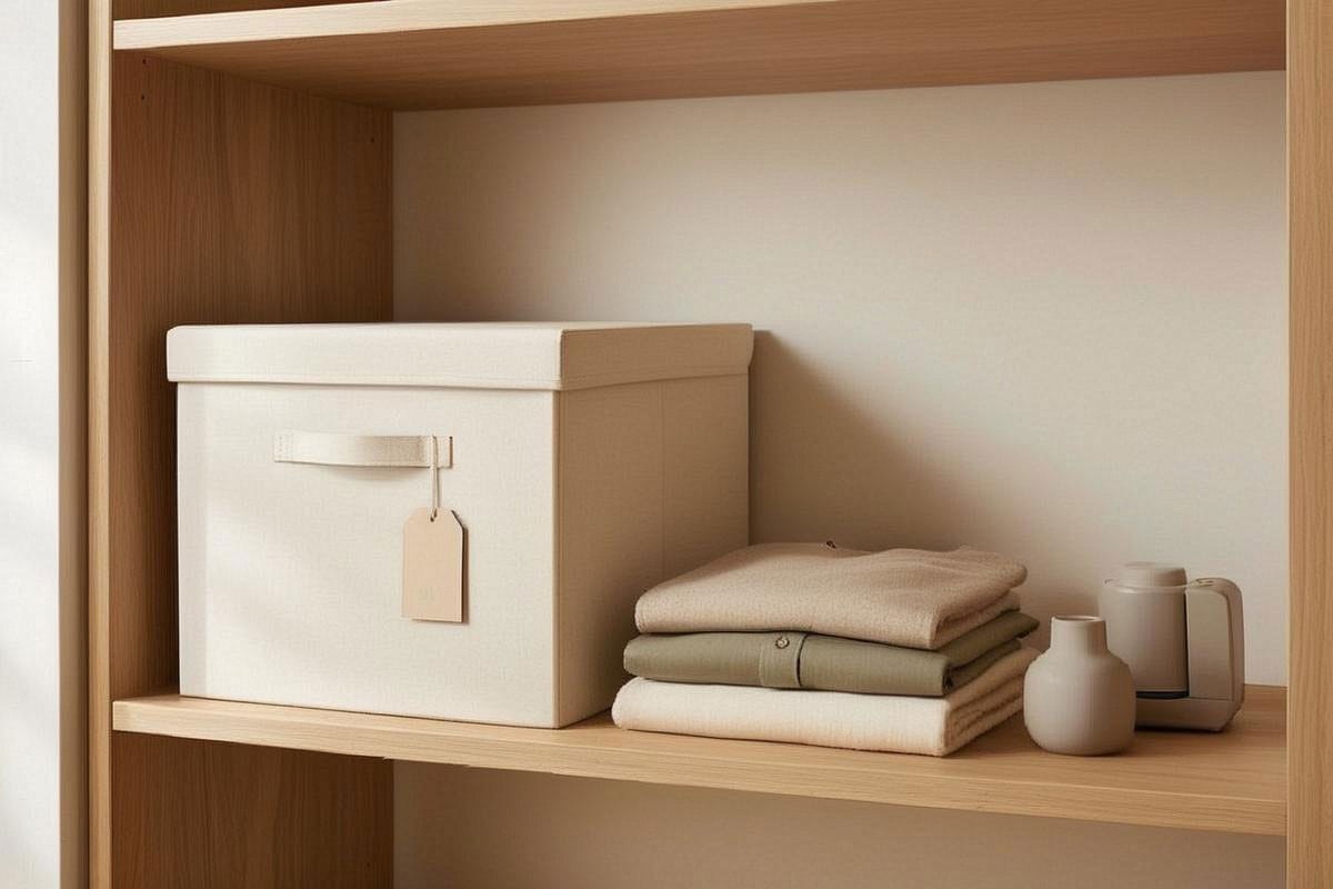 Boîte de transition fermée et datée dans un placard, contenant quelques vêtements et petits objets en attente de décision, avec étiquette indiquant une date de réévaluation à 30 jours