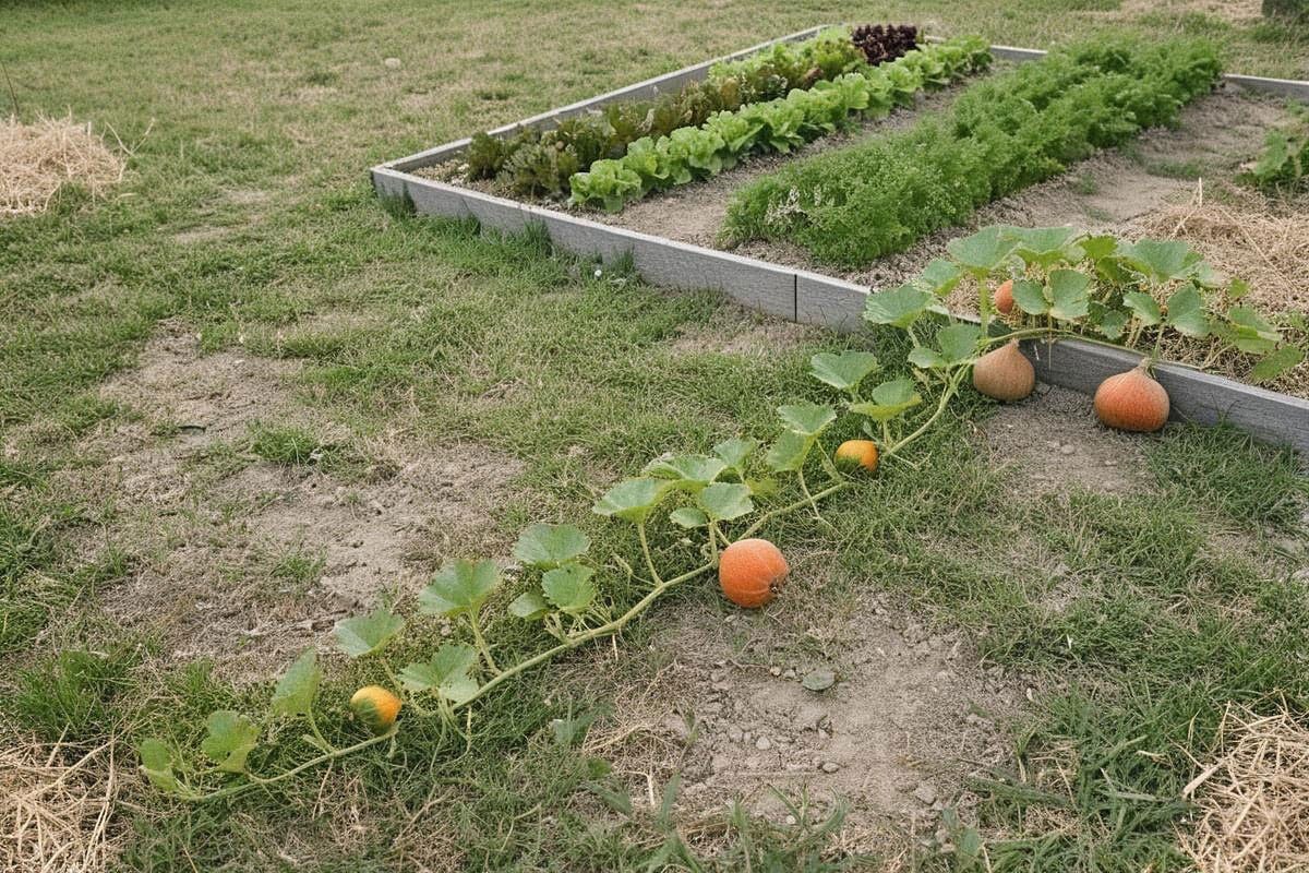 Bord de potager où une courge coureuse s’étend vers une zone libre, avec fruits orangés visibles, tandis que les cultures plus compactes restent regroupées en rangs
