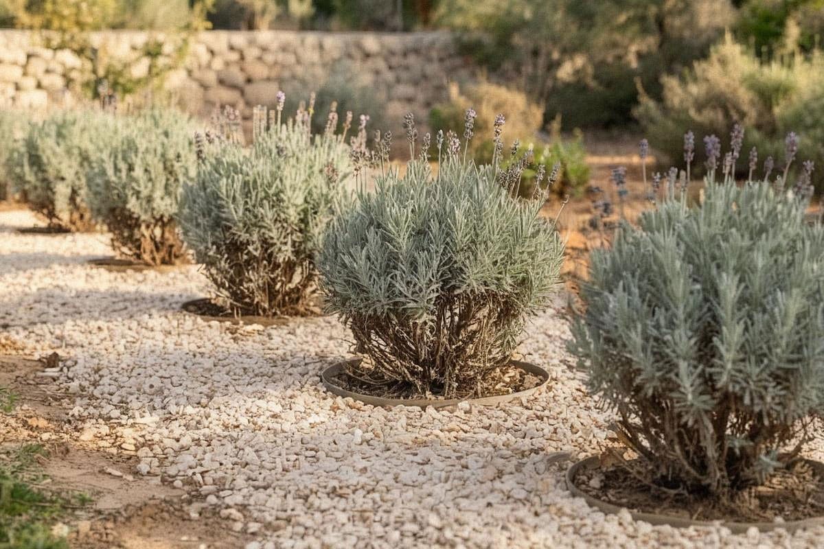 Bordure de lavandes dans un paillage de gravier beige clair de quatre centimètres, collets entièrement dégagés et feuillage argenté contrastant avec le sol minéral