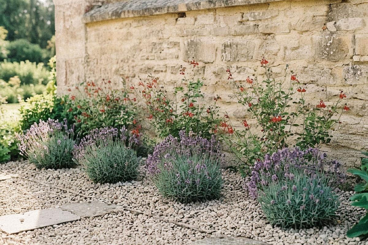 Bordure estivale composée de lavandes compactes et de sauges arbustives rouges, avec graviers clairs, mur en pierre chaude et aucune zone de terre nue visible