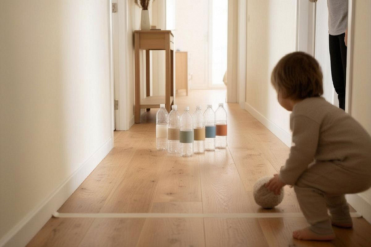 Bowling fait maison dans un couloir avec six bouteilles recyclées décorées de couleurs différentes, balle légère et ligne de lancer tracée au ruban adhésif