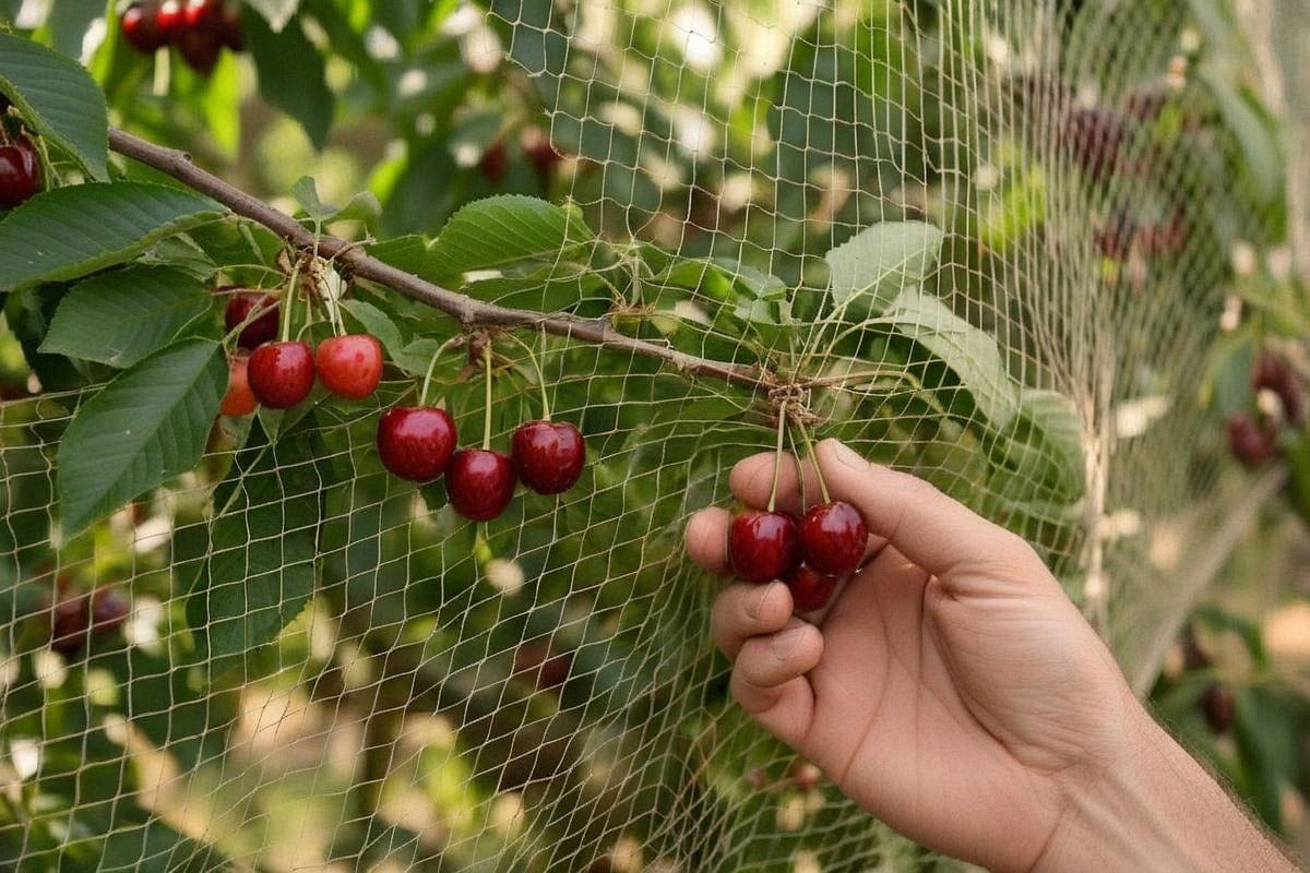 Branche de cerisier couverte de cerises mûres protégée par un filet tendu sans piège, avec main récoltant délicatement les fruits en conservant leurs pédoncules