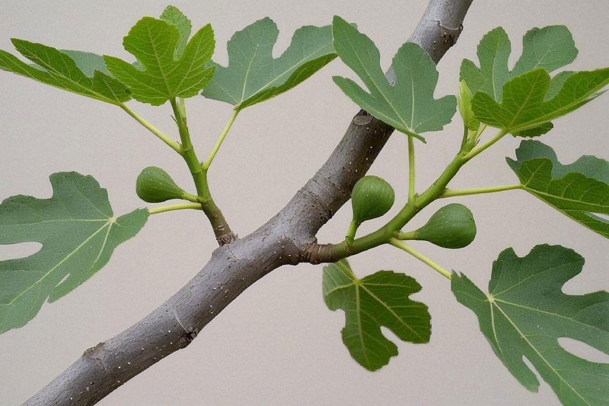 Branche de figuier montrant à la fois jeunes pousses, petites figues en formation et bois de l’année précédente, avec structure suffisamment visible pour comprendre les zones fructifères