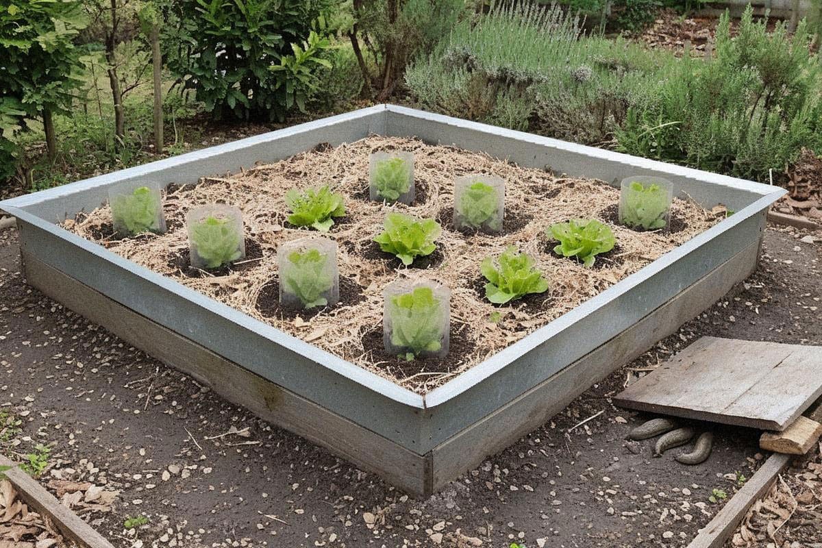 Carré potager protégé combinant collerettes autour des laitues, paillage léger, bordure physique et planche-piège placée à l’extérieur, sans granulés ni traitements chimiques