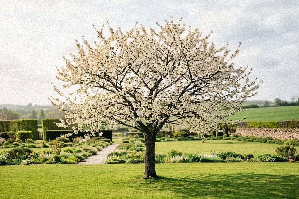 Cerisier en fleurs dans un emplacement très dégagé et ensoleillé, avec plusieurs mètres libres autour de la couronne et absence de bâtiments produisant une ombre importante