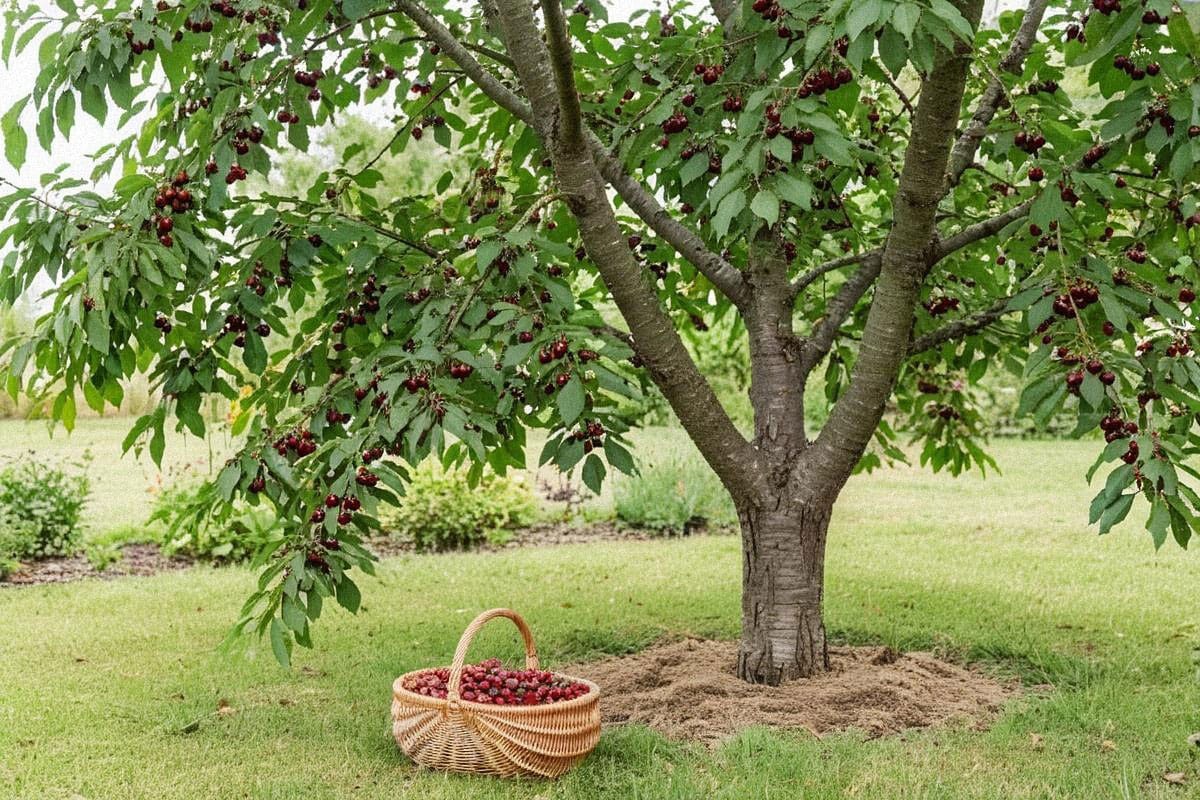 Cerisier familial mature au début de l’été avec couronne équilibrée, branches chargées de cerises accessibles depuis le sol et panier de fruits fraîchement récoltés au premier plan