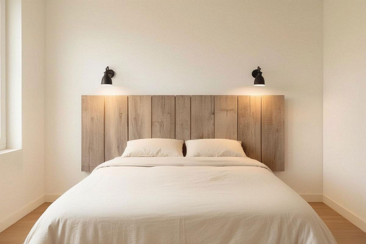 Chambre claire avec tête de lit large réalisée en planches de palette poncées, linge de lit écru, deux appliques noires et bois conservant ses variations naturelles