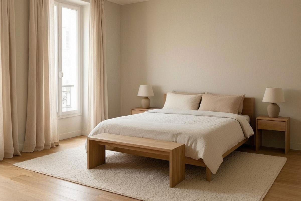 Chambre minimaliste apaisante avec murs couleur lin, lit bas habillé de textiles écrus, deux lampes de chevet chaudes, grand tapis en laine et banc en bois au pied du lit