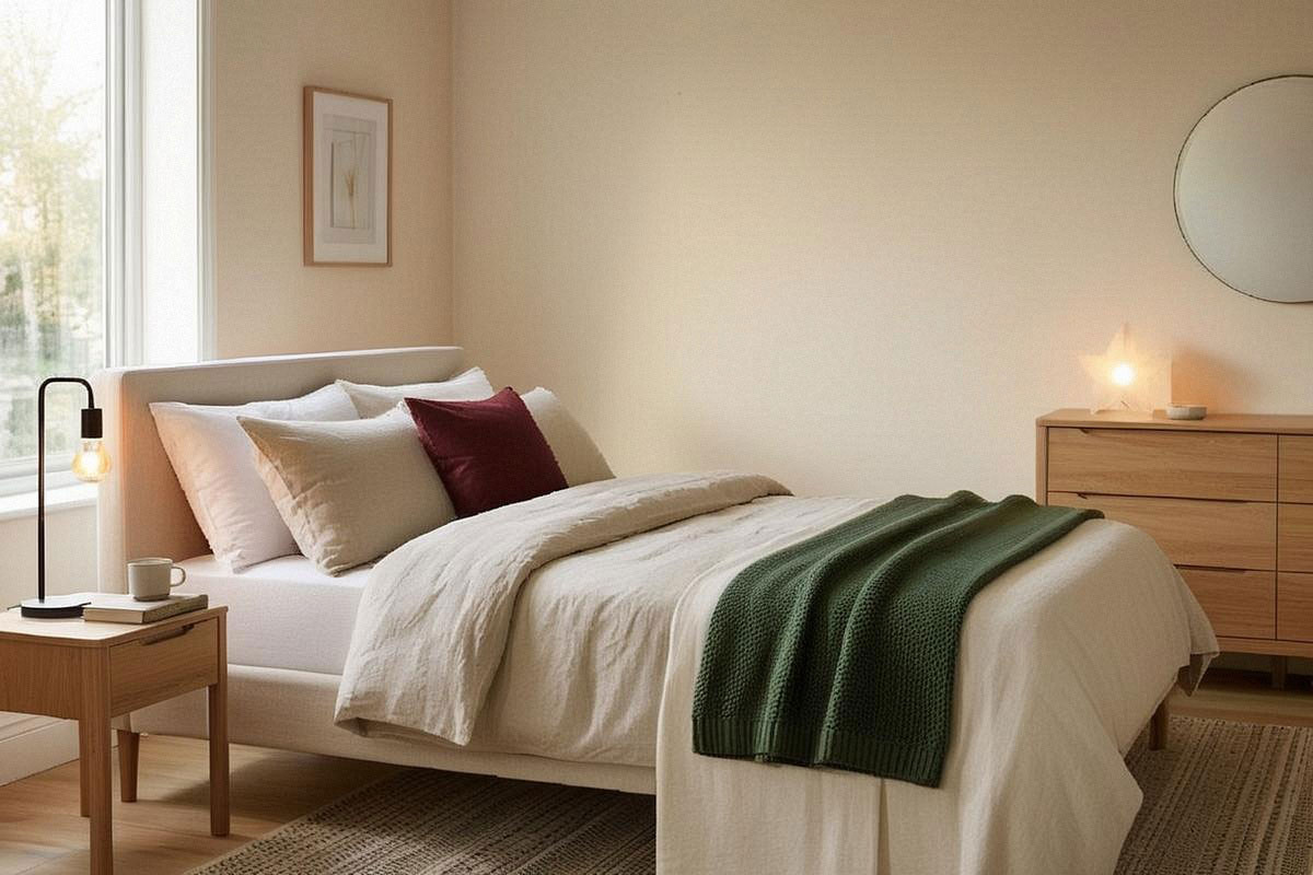 Chambre sobre avec plaid vert forêt au pied du lit, coussin rouge profond et petite étoile lumineuse sur la commode, ambiance de Noël discrète et reposante