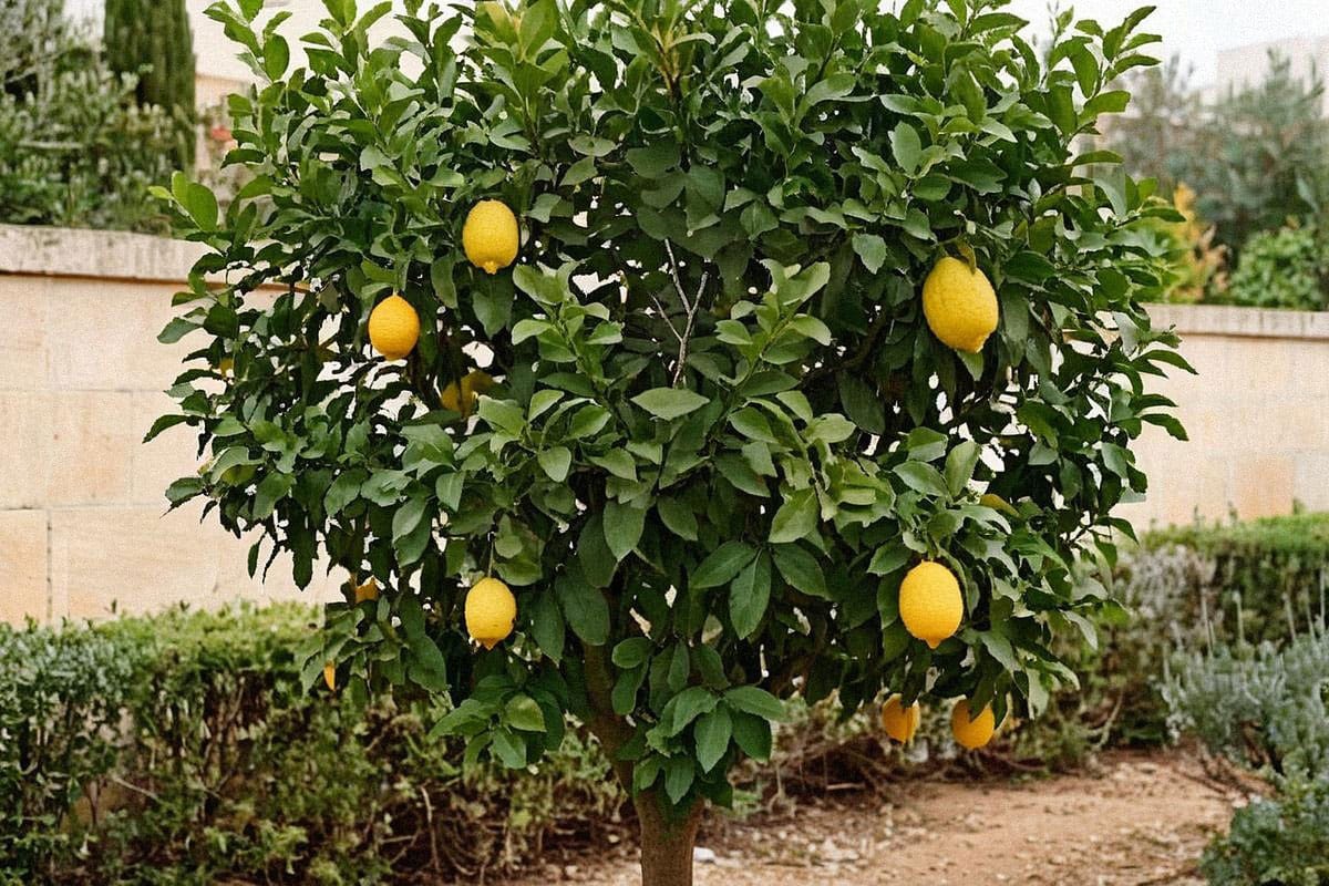 Citronnier adulte avant taille avec feuillage dense, quelques branches croisées et plusieurs citrons mûrs, installé dans un jardin lumineux sous climat méditerranéen