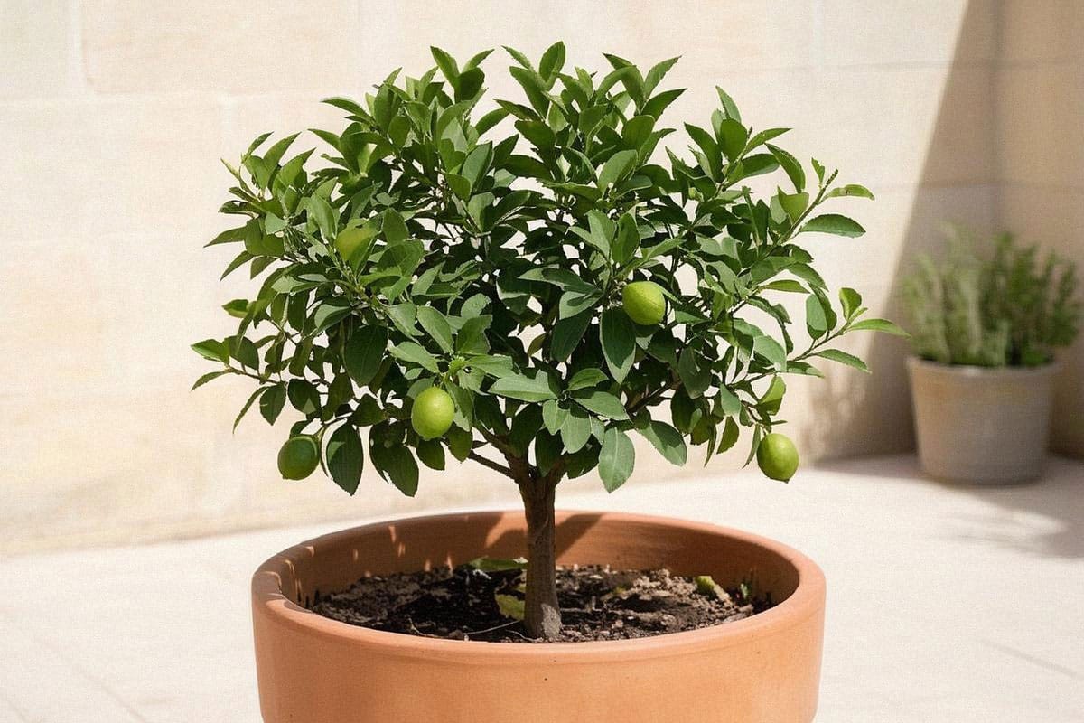 Citronnier en grand pot après taille légère, couronne équilibrée et feuillage dense, installé en plein soleil avec quelques jeunes citrons visibles et substrat non détrempé