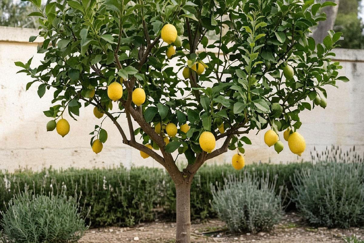 Citronnier mature après entretien avec branches bien réparties, nombreux citrons jaunes et verts, feuillage dense conservé et absence de grosses coupes visibles sur la structure